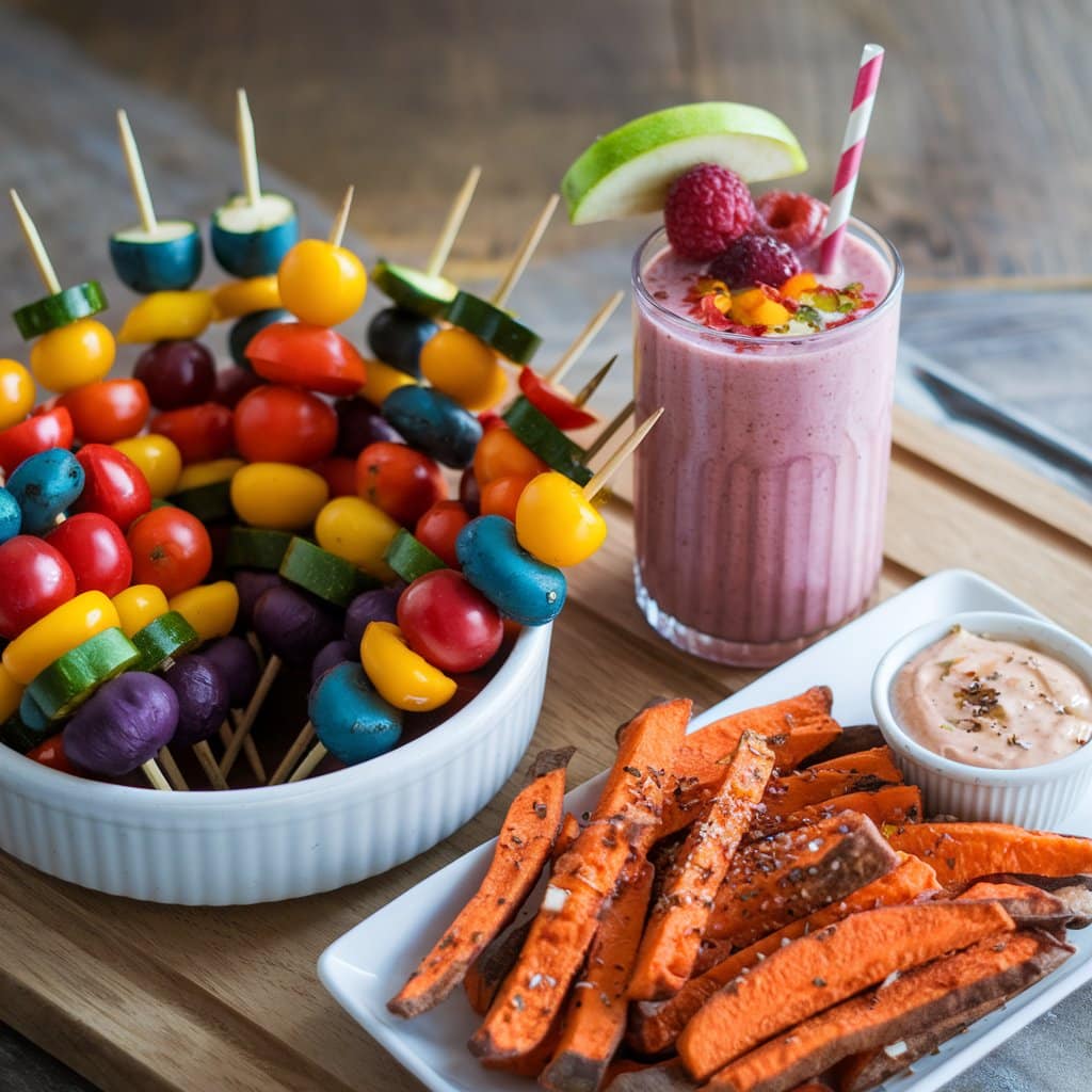 Veggie Skewers,Smoothies ,Baked Fries